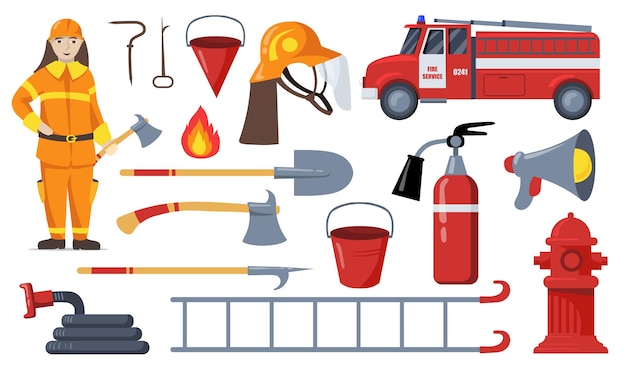 Firefighter and firefighting equipment flat illustrations collection