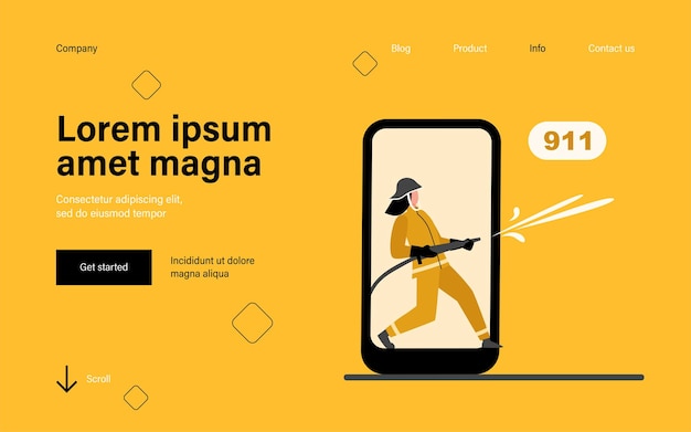 Firefighter on smartphone screen holding fire hose landing page in flat style