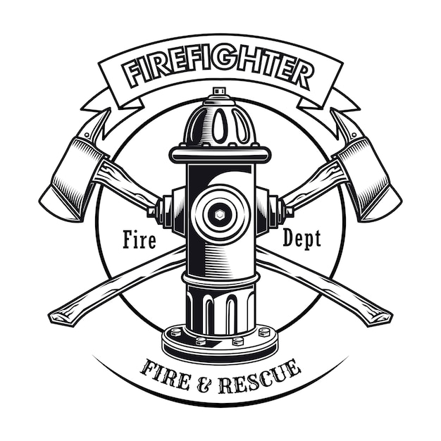 Free vector firefighter stamp with hydrant vector illustration. crossed axes and fire dept text