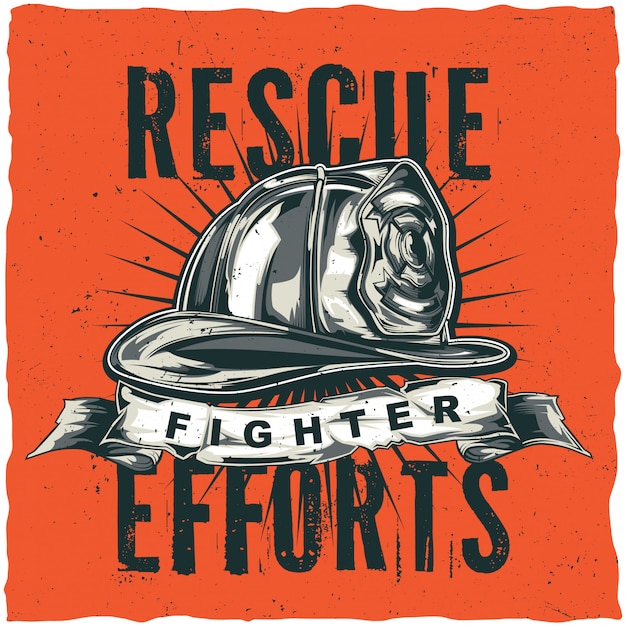 Firefighter t-shirt label design with illustration of helmet with crossed axes. hand drawn illustration.