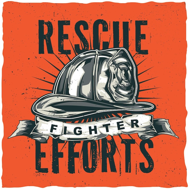 Firefighter t-shirt label design with illustration of helmet with Crossed Axes.