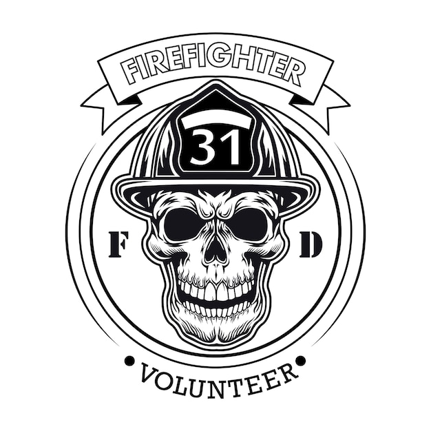 Firefighter volunteer emblem with skull vector illustration. Head of character in helmet with number and text sample