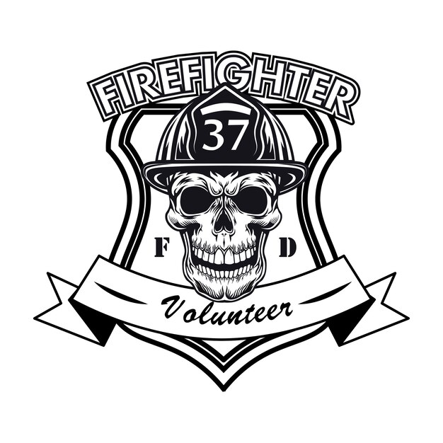 頭蓋骨のベクトル図と消防士のボランティアのロゴ。番号とテキストのサンプルとヘルメットのキャラクターの頭