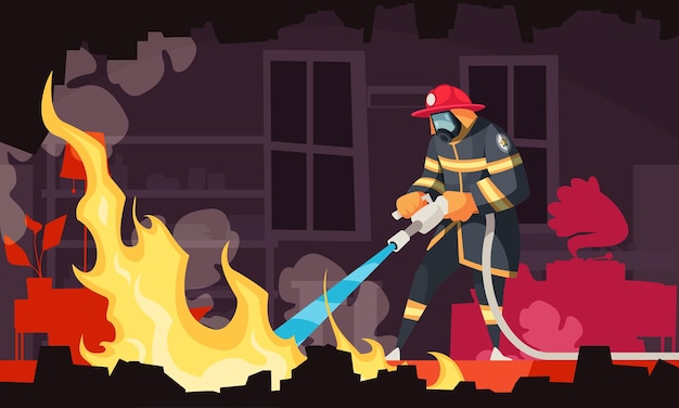 Firefighter wearing mask and helmet putting out fire with hose inside smoke filled room cartoon illustration