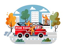 Free vector firefighters driving in firetruck to emergency brigade in uniforms hurrying to rescue people from fire fire department team firefighting car on road in city