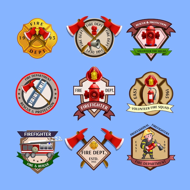 Бесплатное векторное изображение Коллекция ярлыков эмблем пожарных