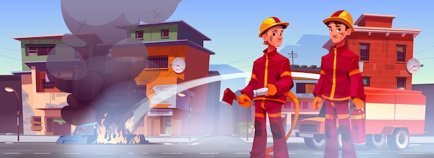 Бесплатное векторное изображение Пожарные тушат горящую машину на городской улице
