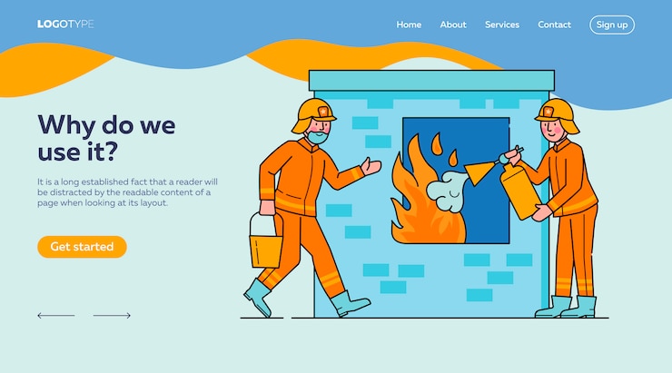 Free Vector firefighters extinguishing flame through window landing page template