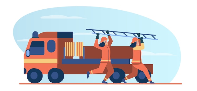 Free vector firefighters rushing to rescue. firemen running from vehicle, carrying ladder flat vector illustration. fire hazard, emergency concept