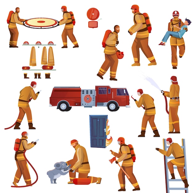 I vigili del fuoco hanno impostato le icone piatte isolate dell'attrezzatura antincendio con l'immagine del camion e l'illustrazione vettoriale dei personaggi umani Vettore gratuito