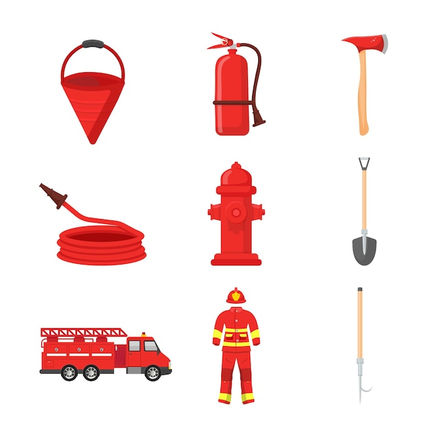 Firefighting equipment set Fireman emergency service items firefighter suit fire extinguisher red car design elements collection