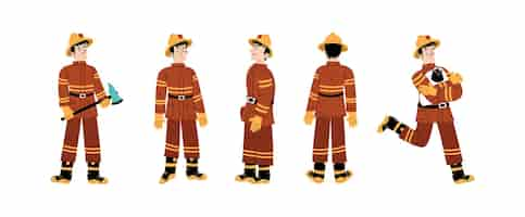 Free vector fireman in helmet in front side and back view