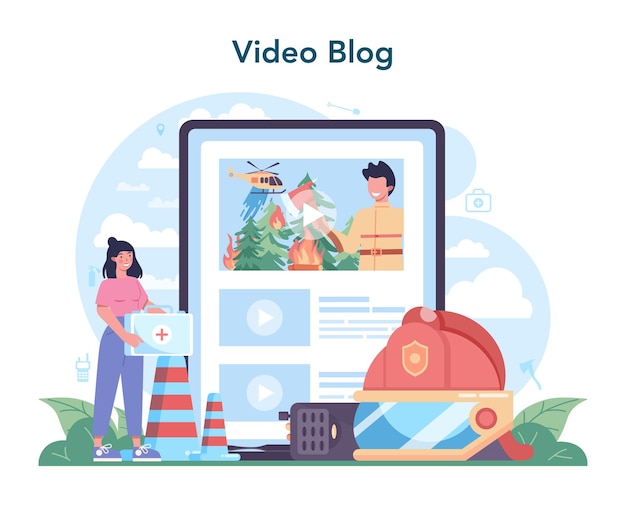 無料ベクター 消防士のオンラインサービスまたはプラットフォーム炎で燃えているプロの消防隊キャラクターが人々を救助するオンラインビデオブログフラットベクトルイラスト