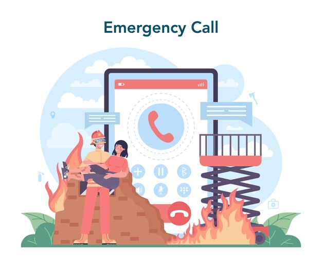 消防士のオンラインサービスまたはプラットフォーム炎で燃えているプロの消防隊キャラクターが人々を救助する緊急電話フラットベクトルイラスト