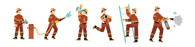 Бесплатное векторное изображение Пожарный с огнетушителем, водяным шлангом, топором, лестницей и мегафоном векторная плоская иллюстрация профессионального пожарного в красном костюме и шлеме спасает кошку