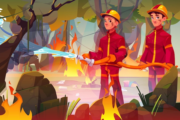 Vettore gratuito vigili del fuoco con un tubo che spegne l'incendio nella foresta illustrazione di cartoni animati vettoriale di due personaggi maschili in uniforme che versano acqua all'incendio causato dal falò del campo e dalla spazzatura lasciata sulla radura fumo in aria