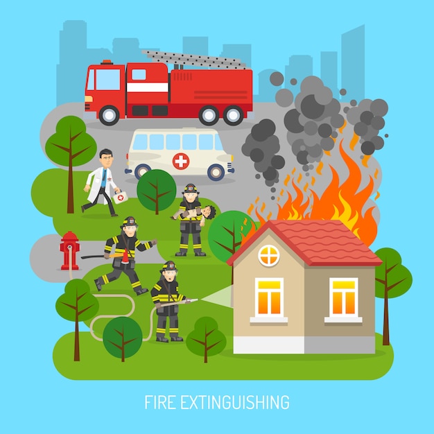 Free vector firemen at work concept flat poster