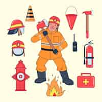 Vettore gratuito vigili del fuoco e attrezzature da lavoro come tute antincendio, caschi antincendio, coni stradali, asce, serbatoi d'acqua, radio, estintori, idranti, fiamme, kit di pronto soccorso,