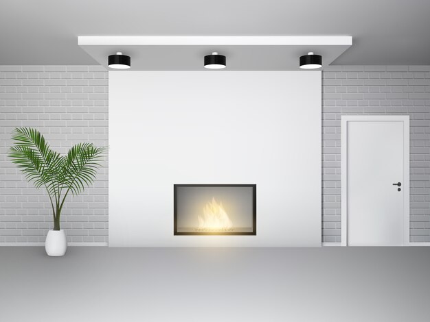 Fireplace interior with palm tree white door and brick wall 