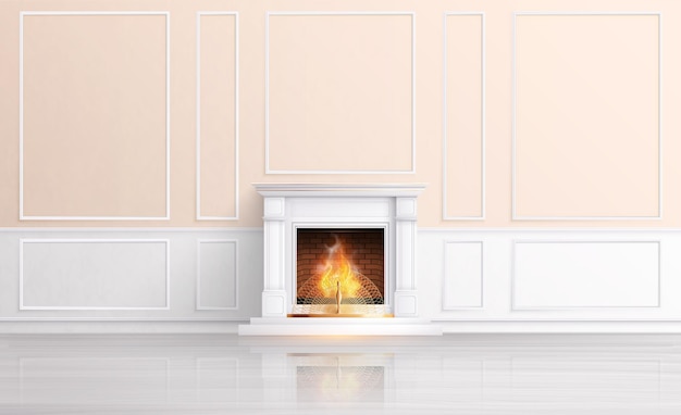 Fireplace realistic composition with indoor view of modern interior with pastel walls and fire in chimney vector illustration