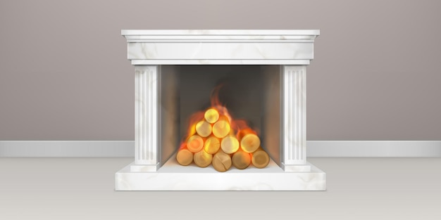 Fireplace with burning woods, white marble or gypsum chimney, classic fire place with flaming logs, home interior decor, vintage house design, cozy heating system, Realistic 3d vector illustration