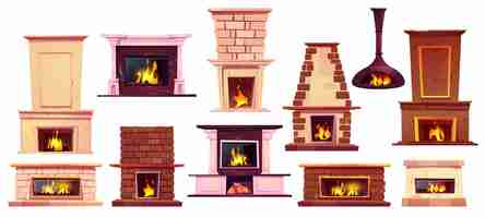 Free vector fireplaces with burning fire isolated on white background vector cartoon set of different home hearth from marble brick and iron with wood flame chimney and mantel