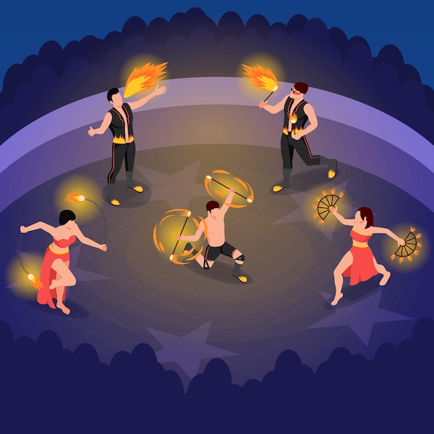 Free vector fireshow people isometric composition with fire dance show symbols vector illustration