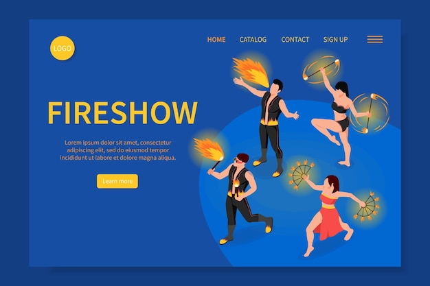 Fireshow 사람들이 화재 댄스 기호 벡터 일러스트와 함께 아이소메트릭 웹 사이트