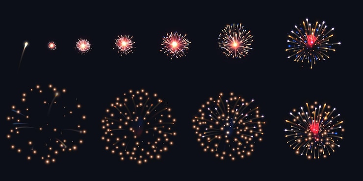 Free Vector firework animation realistic set with celebration symbols isolated illustration