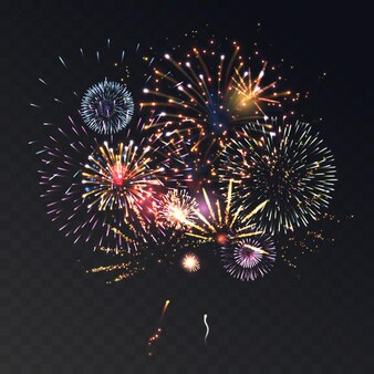 Firework animation realistic transparent concept with celebration symbols illustration