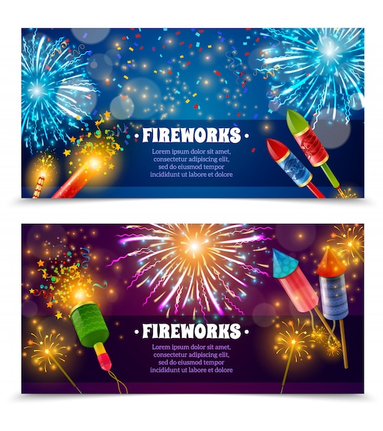 Vettore gratuito set di banner festoso di cracker di fuochi d'artificio