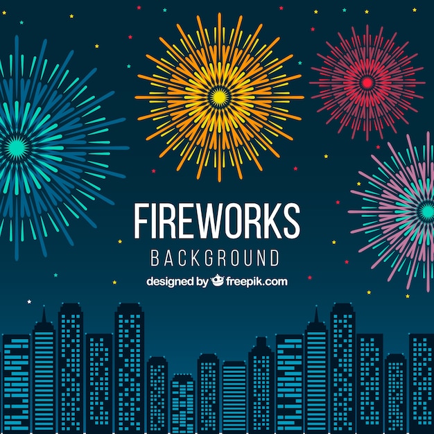 Free vector fireworks on city skyline background