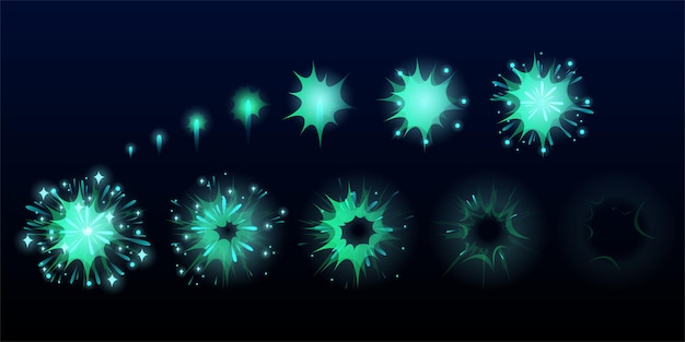 Fireworks는 게임 애니메이션, 버스트 스프라이트, 비디오 게임, 컴퓨터 또는 웹 디자인을 위한 사용자 인터페이스 gui 요소에 대한 폭발 효과를 나타냅니다. 폭발 프레임, 파란색 플래시 조명, 만화 벡터 일러스트 레이 션, 설정