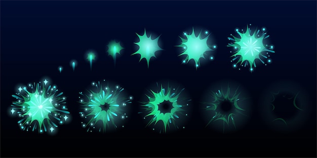 Free vector fireworks explode effect for game animation, burst sprites, user interface gui elements for videogame, computer or web design. explosion frames, blue flash lights, cartoon vector illustration, set