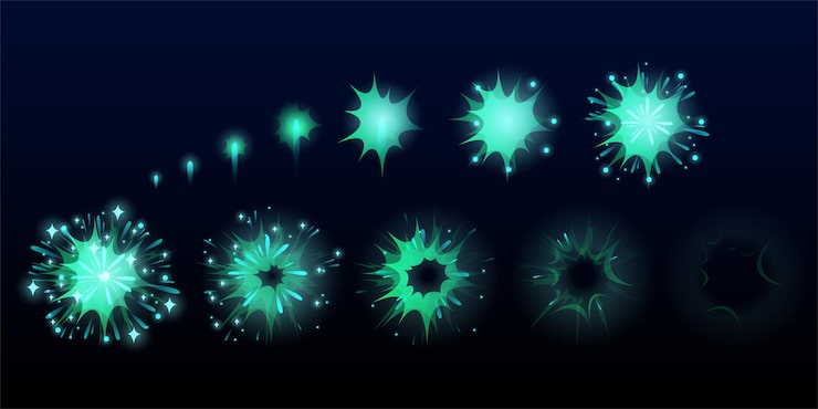 Free Vector fireworks explode effect for game animation, burst sprites, user interface gui elements for videogame, computer or web design. explosion frames, blue flash lights, cartoon vector illustration, set