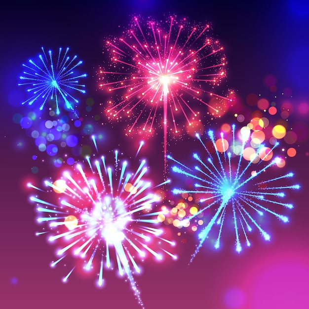 Free vector fireworks illustration of sparkling birght lights and bokeh effect.