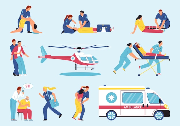 緊急事態分離ベクトル図の人々 を助ける救急救命士と応急フラット アイコンを設定します。