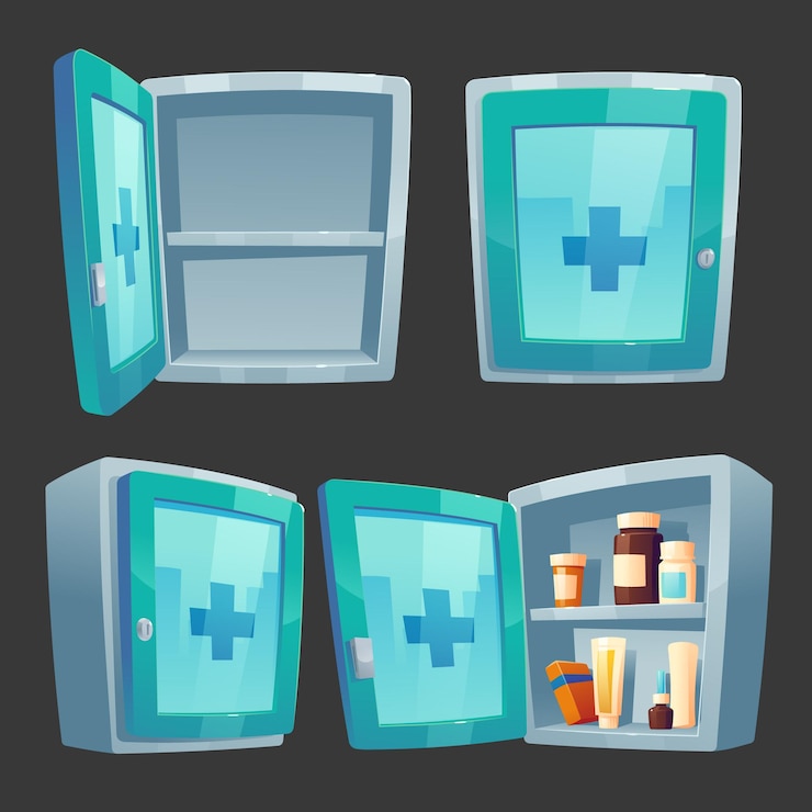 Free Vector first aid kit medicine box with pharmacy closed and open