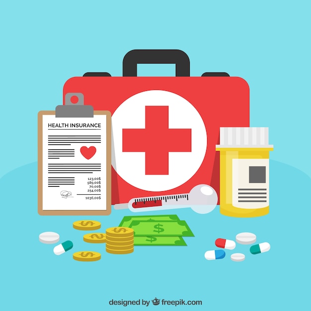 Free vector first aid kit, pills, money and clipboard