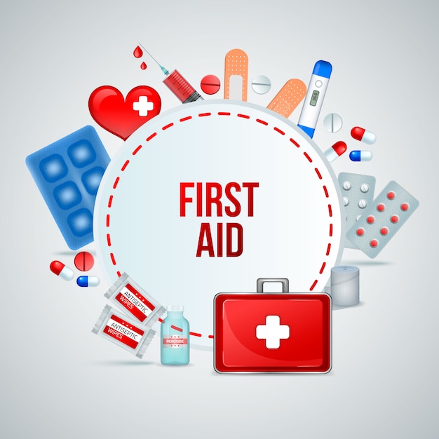 First aid kit realistic circular frame composition of medical emergency treatment supplies with bandage pills