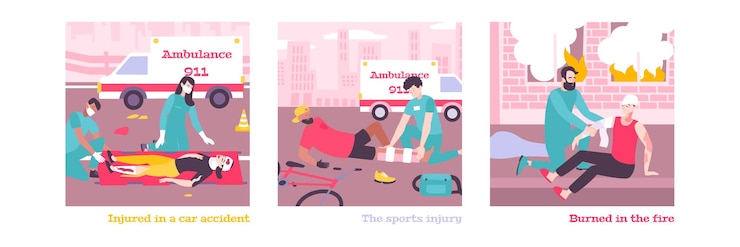 無料Vector 救急車と医師が人々のイラストを支援する応急処置セット