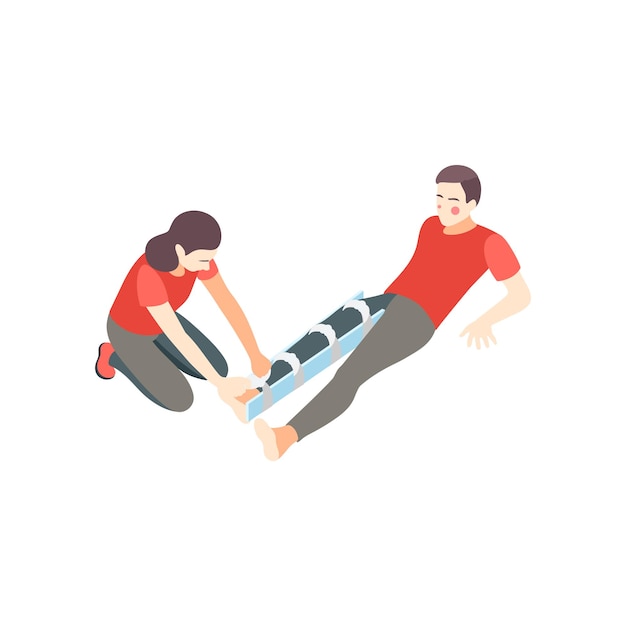 応急処置は、横になっている男性のイラストの負傷した脚を添え木で女性と等尺性の構成をステップします