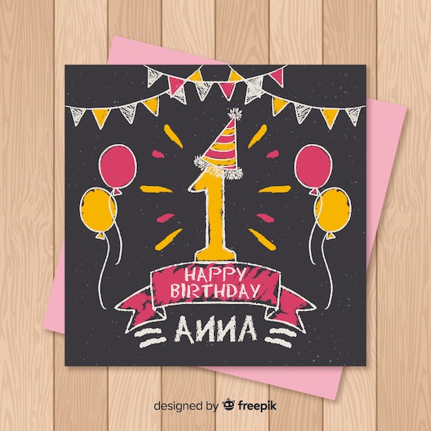 Free vector first birthday blackboard balloons card template