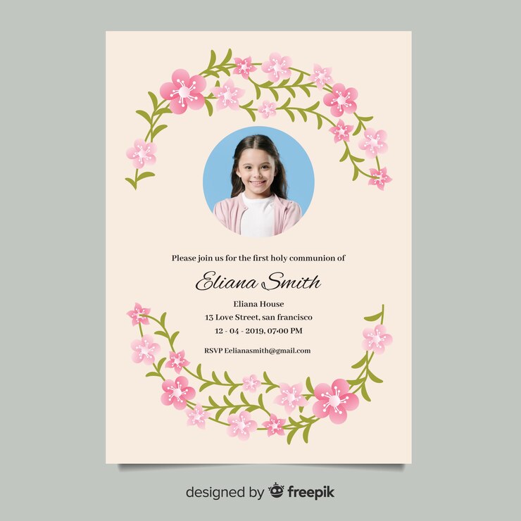 Free Vector first communion invitation template with photo