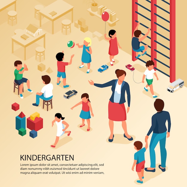 First day kindergarten activities isometric composition with teacher parent with child playing kids poster text