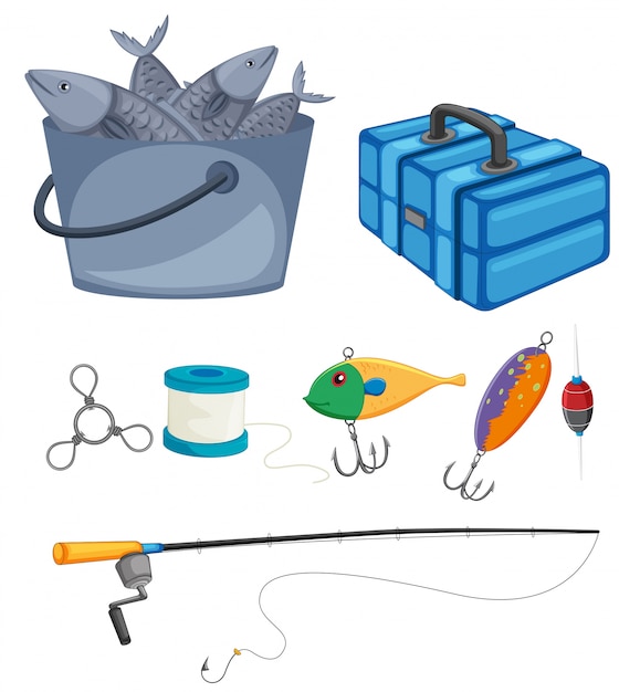 Free vector fish in bucket and fishing set illustration