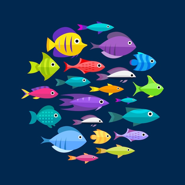 Fish collection. Cartoon style. Illustration of twelve different fish