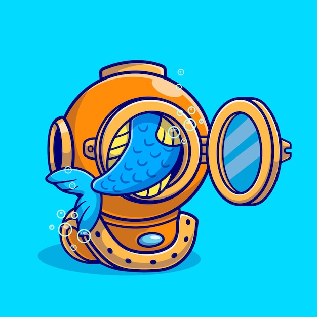 Free vector fish on diver helmet cartoon vector icon illustration. animal nature icon concept isolated premium