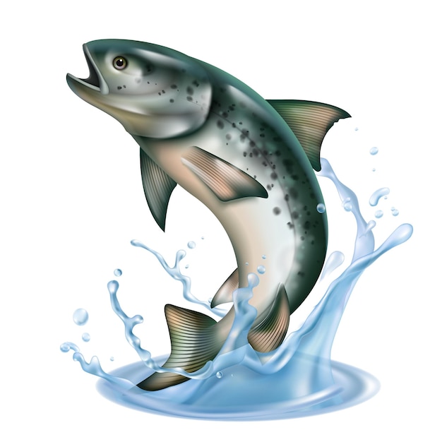 Бесплатное векторное изображение Рыба выпрыгивает из воды с брызгами, изолированными на белом