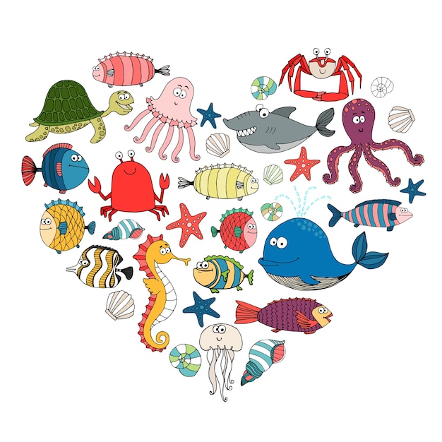 fish and marine animals in shape of heart,